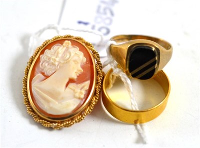 Lot 269 - A 22ct gold band ring, a 9ct gold cameo brooch pendant and a 9ct gold ring