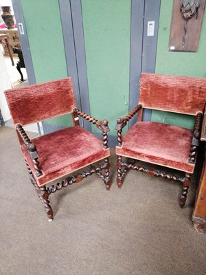 Lot 1218 - A Pair of Oak Barley Twist Chairs, the arms...