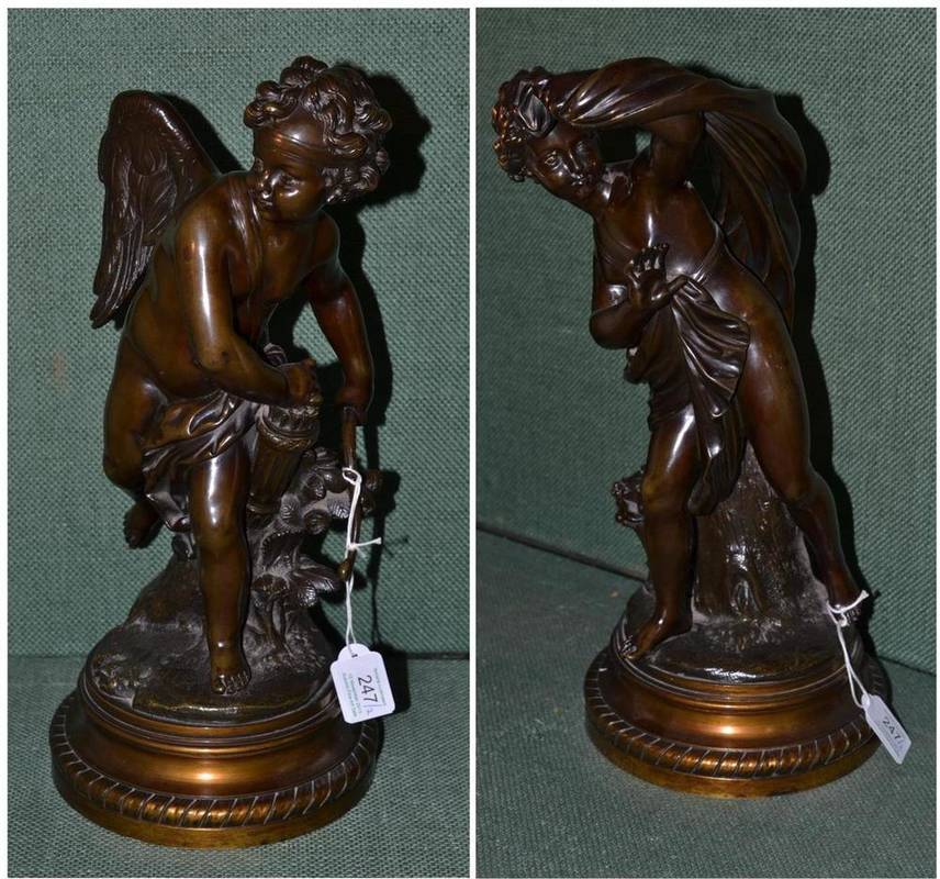 Lot 247 - A Pair of French Bronze Figures of Cupid and Psyche, late 19th/early 20th century, Cupid with...