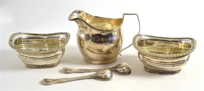 Lot 277 - A pair of George III silver salts, London 1810, a pair of slat spoons and a cream jug, London 1805