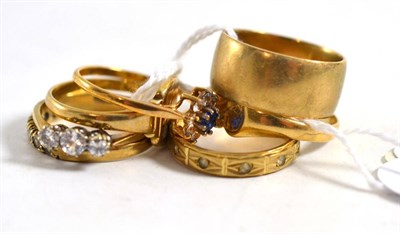 Lot 288 - Six assorted 9ct gold rings, some stone set, and a three stone ring (7)