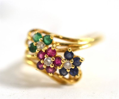 Lot 290 - A ruby, sapphire, emerald and diamond ring, stamped ";14K"