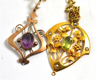 Lot 294 - A 9ct gold Art Nouveau pendant and chain and a rose gold and amethyst pendant (2)