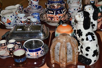 Lot 310 - Pair of Staffordshire King Charles Spaniels, Gaudy Welsh pottery, glass light shades etc (on...