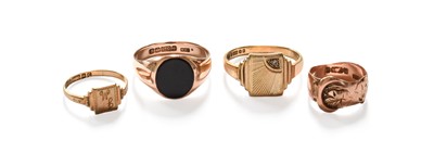 Lot 100 - Three 9 Carat Gold Signet Rings, finger sizes...