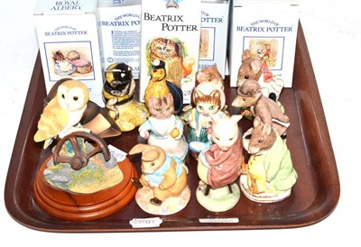 Lot 318 - Ten Royal Albert Beatrix Potter figures with boxes, Border Fine Art ";Barn Owl on Wheel"; and a...