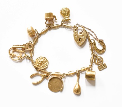 Lot 222 - A 9 Carat Gold Fancy Link Bracelet, suspending...