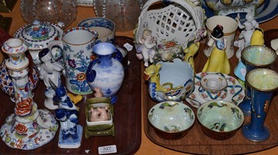 Lot 327 - Two trays of decorative ceramics including a pair of Wedgwood butterfly lustre trumpet vases...