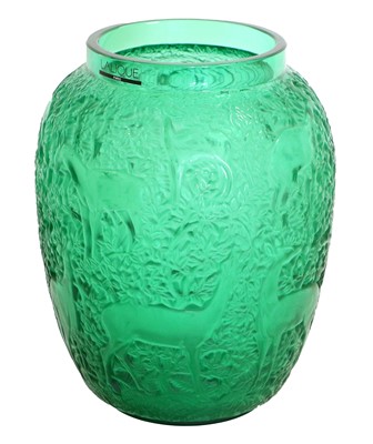 Lot 19 - A Lalique Biches Emerald Green Glass Vase,...