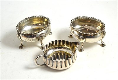 Lot 346 - A pair of George III silver salts, London 1768; and a silver cream jug, Sheffield 1888 (3)