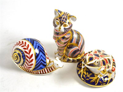 Lot 351 - Three Royal Crown Derby paperweights; snail, frog and cat