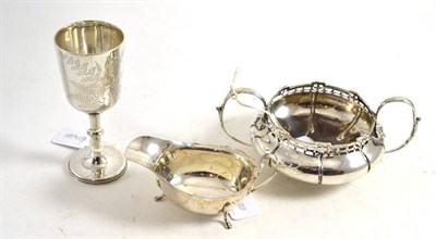 Lot 352 - A Walker & Hall silver sucrier, a sauceboat and a small goblet