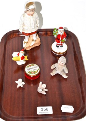 Lot 356 - Small collection of Christmas ornaments including snow babies, Limoges Father Christmas box,...