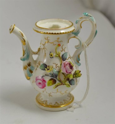 Lot 361 - A Minton flower encrusted lavender water can, with turquoise and gilt decoration, crossed sword...