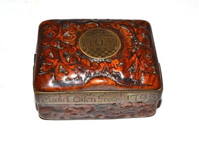Lot 259 - A Carved Walnut Snuff Box, dated 1793, of rectangular form, the cover set with a brass roundel...