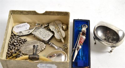 Lot 398 - Small silver items including vesta case, bookmark, compact mirror, salt, Scottish dirk brooch, etc