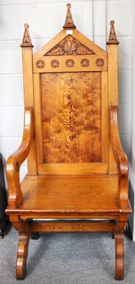 Lot 1243 - A Gothic Revival Pitch Pine Throne Chair, 52cm...