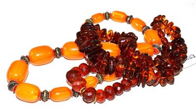 Lot 406 - An amber bracelet, an amber necklace, and another amber necklace (probably re-constituted)