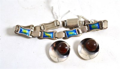 Lot 409 - An enamelled bracelet and a pair of amber earrings stamped ";N.E. From"; and ";STERLING DENMARK...