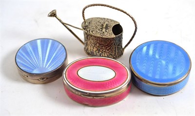 Lot 423 - A George V silver and pink guilloche enamel pill box, Birmingham 1912; a silver and blue...