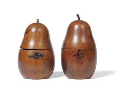 Lot 262 - A Matched Pair of George III Fruitwood Tea Caddies, in form of pears, the hinged covers with...