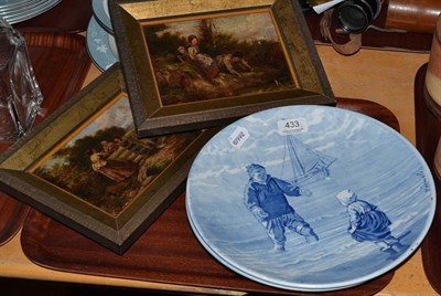 Lot 433 - Pair of Dutch blue and white pottery plates, decorated after Israels and a pair of small oils...