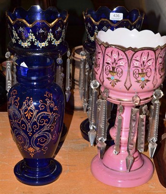 Lot 436 - Pair of blue glass lustre vases, another and a vase