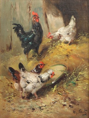 Lot 1374 - British School (20th century) Hens feeding in...