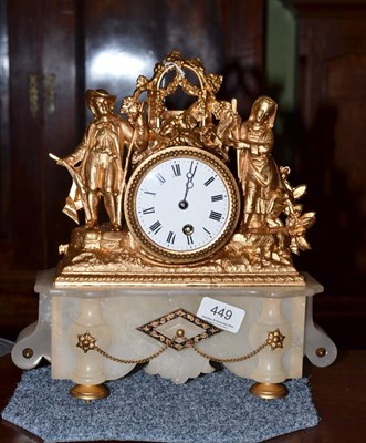 Lot 449 - A spelter and alabaster clock with pendulum