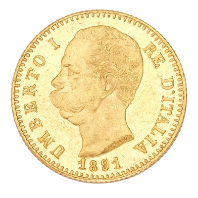 Lot 252 - Italy, 20 lire 1891, (.900 gold, 21.5mm,...