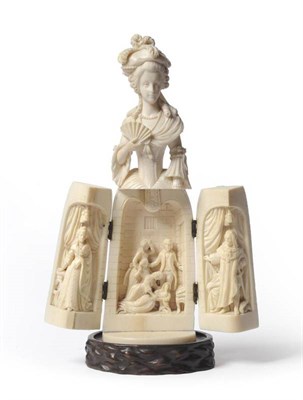 Lot 266 - A Dieppe Ivory Figural Triptych, late 19th century, as an elegant lady in a feathered hat and...