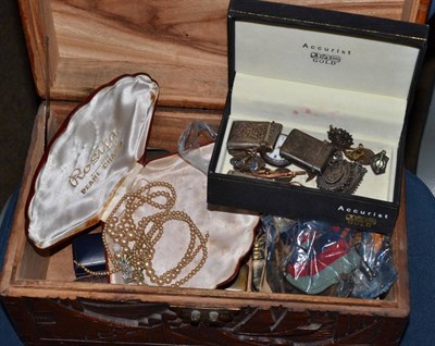 Lot 469 - Camphorwood jewellery box, containing jewellery, silver vesta boxes, medals, fob watch, cased cigar