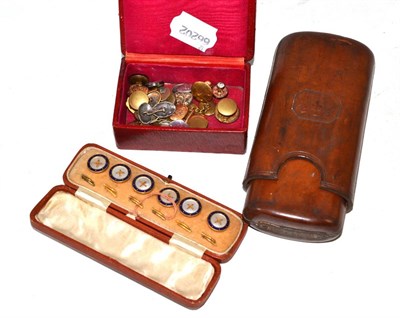 Lot 493 - A set of cased buttons, tan leather cigar case, cufflinks, assorted dress studs and buttons etc