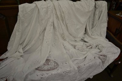 Lot 512 - Large white cotton cloth with floral embroidery, crochet trim and insertions