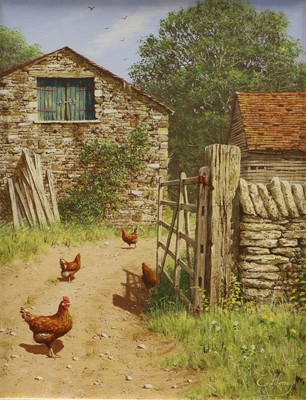 Lot 554 - Edward Hersey (b.1948) Chickens on a track...