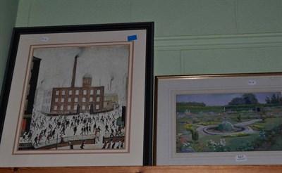 Lot 527 - A Framed Lowry print depicting a factory scene and a watercolour of the Dutch garden at Hampton...