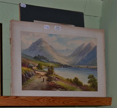 Lot 534 - Milton Drinkwater, Rowing boat and figure beside a loch, signed, watercolour, together with a...