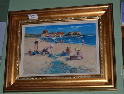 Lot 548 - Richard Marshall (1944-2006) Children Building Sand Castles, signed, oil on board, 19.5cm by 28.5cm