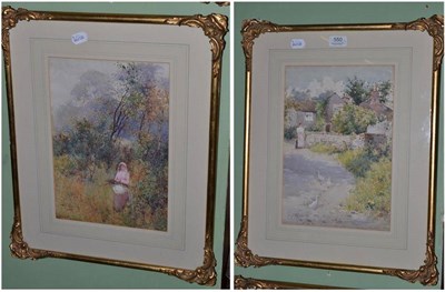 Lot 550 - Henry Simm, rural landscapes with a girl collecting faggots and a girl with ducks, watercolour