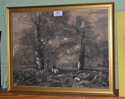 Lot 557 - English School, figures on horse back with dogs in a landscape, gouache