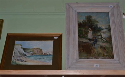 Lot 563 - Berta Murray, children fishing on a bridge, oil on canvas, signed; together with J.J.Philips,...