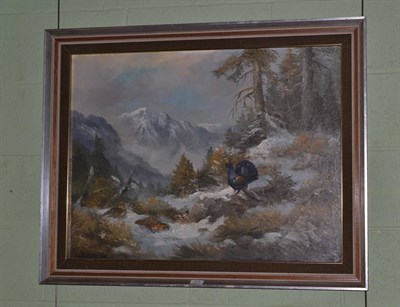 Lot 573 - Modern oil on board, black cock in mountains