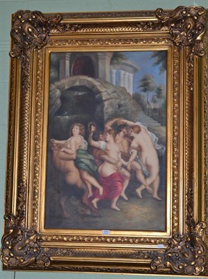 Lot 575 - A large gilt framed oil on canvas depicting classical figures