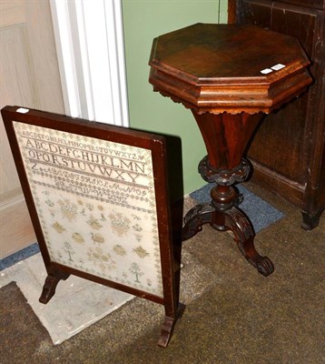 Lot 615 - Victorian rosewood work table and a fire screen with sampler