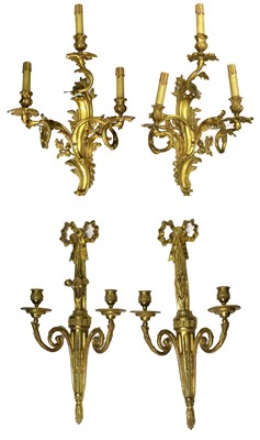 Lot 213 - A Pair of Gilt Metal Three-Light Wall Sconces,...