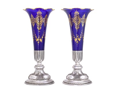 Lot 2053 - A Pair of German Silver-Mounted Gilt-Heightened Blue Glass Vases