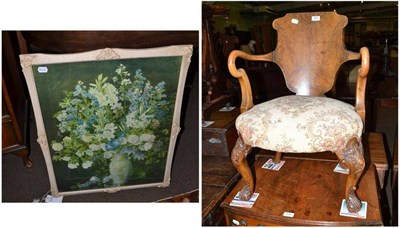 Lot 625 - A child's walnut open armchair in Queen Anne style and a colour print, Still Life of Flowers