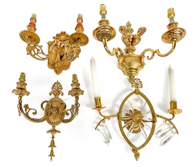Lot 260 - Four Pairs of Brass Twin-Branch Wall Lights,...
