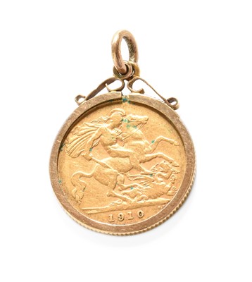 Lot 262 - George V, Half Sovereign 1910, loose mounted...