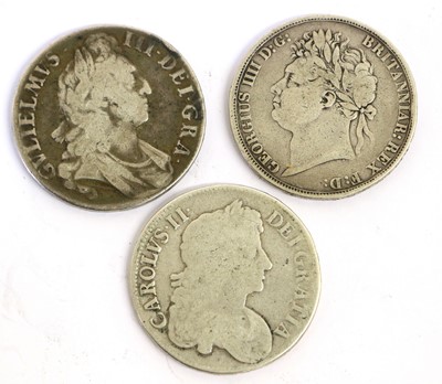Lot 66 - 3x Silver Crowns, comprising: Charles II, 1673...